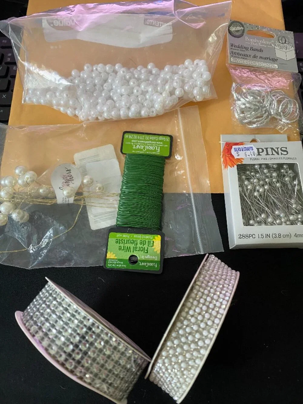BUNDLE CRAFT SUPPLIES BOLT 100%WIRED JUTE, BEADED RIBBON, WIRE, CORSAGE PINS,ETC